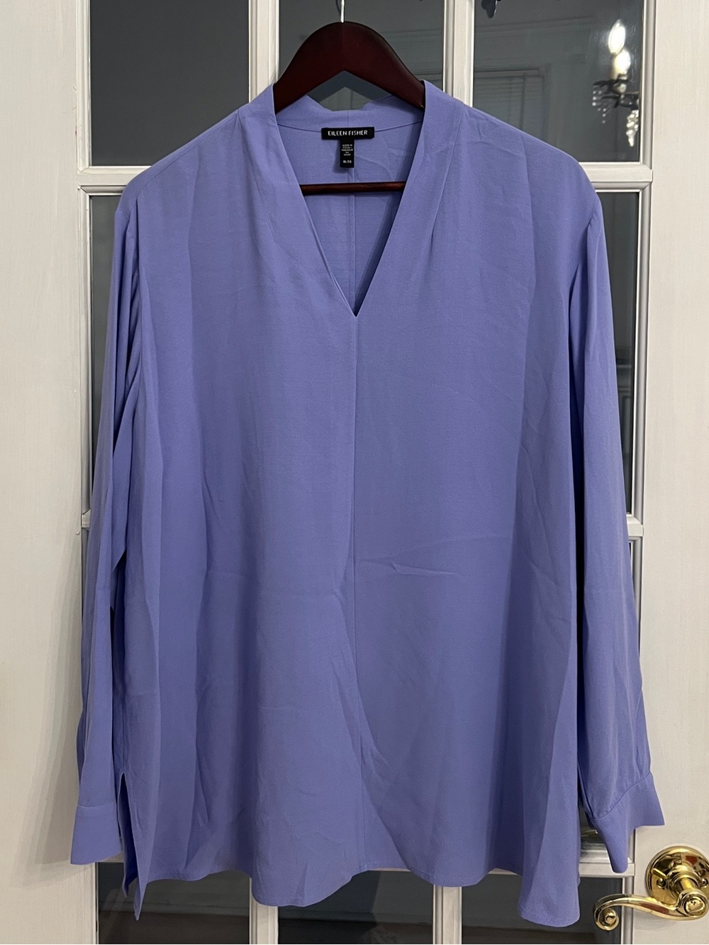 EILEEN FISHER Women’s Blue Violet Silk Georgette V-Neck Tunic Blouse XL